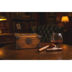 Cigar Box - Antique circa 1890s - Tiger Oak with Metal Ornate Corner Mounts